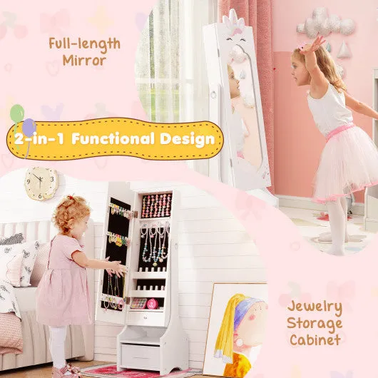 Kids Jewelry Cabinet With Full-Length Mirror for Kids Bedroom and Playroom-White