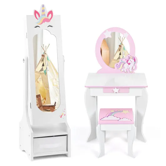 Kids Jewelry Cabinet With Full-Length Mirror for Kids Bedroom and Playroom-White