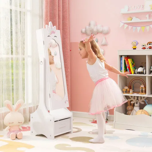 Kids Jewelry Cabinet With Full-Length Mirror for Kids Bedroom and Playroom-White