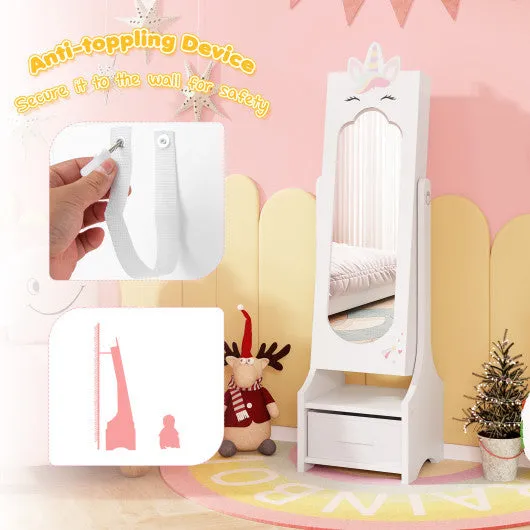 Kids Jewelry Cabinet With Full-Length Mirror for Kids Bedroom and Playroom-White