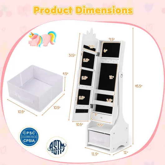 Kids Jewelry Cabinet With Full-Length Mirror for Kids Bedroom and Playroom-White
