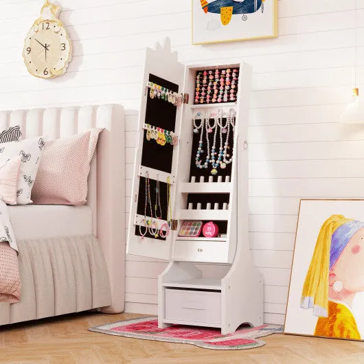 Kids Jewelry Cabinet With Full-Length Mirror for Kids Bedroom and Playroom-White
