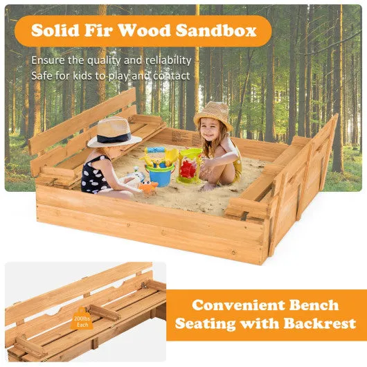 Kids Wooden Sandbox With 2 Foldable Bench Seats