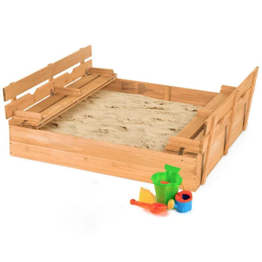 Kids Wooden Sandbox With 2 Foldable Bench Seats