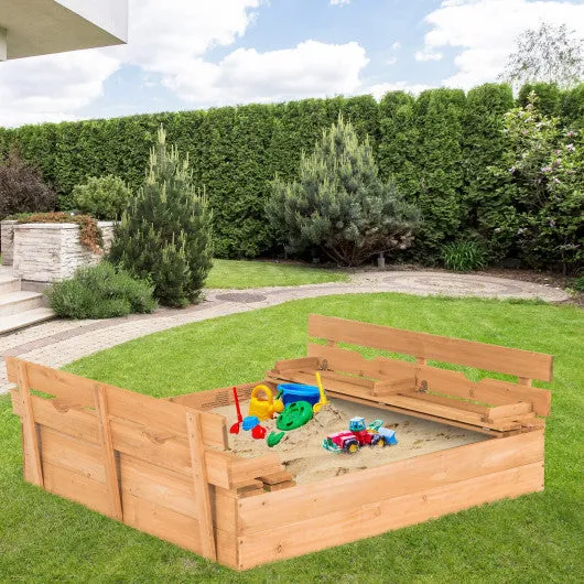 Kids Wooden Sandbox With 2 Foldable Bench Seats