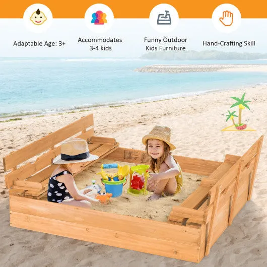 Kids Wooden Sandbox With 2 Foldable Bench Seats