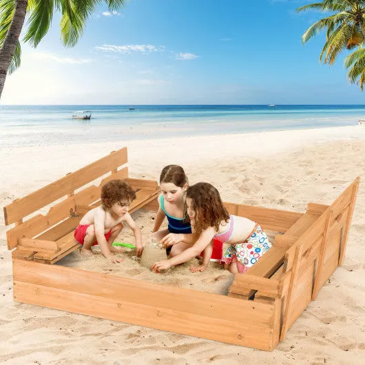 Kids Wooden Sandbox With 2 Foldable Bench Seats
