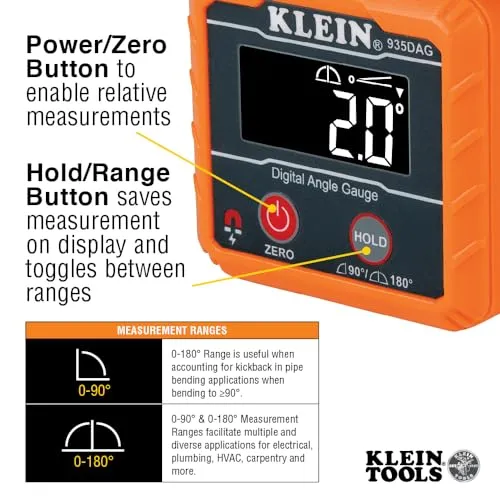 Klein Tools 935DAG Digital Angle Gauge and Level - Magnetic Base, High Visibility Display, Water/Dust Resistant