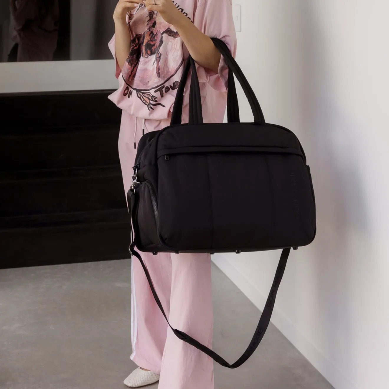 Large Weekender Nylon Duffel Bag -- Black