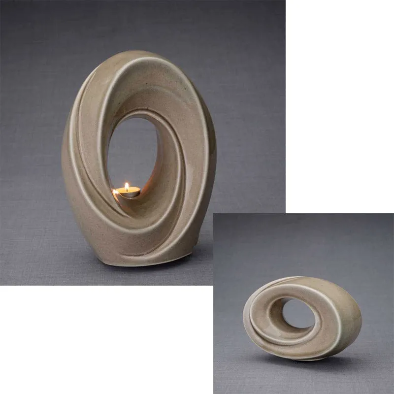 Passage Sculpture Art Memorial Candle Ceramic Cremation Urn in Beige Gray