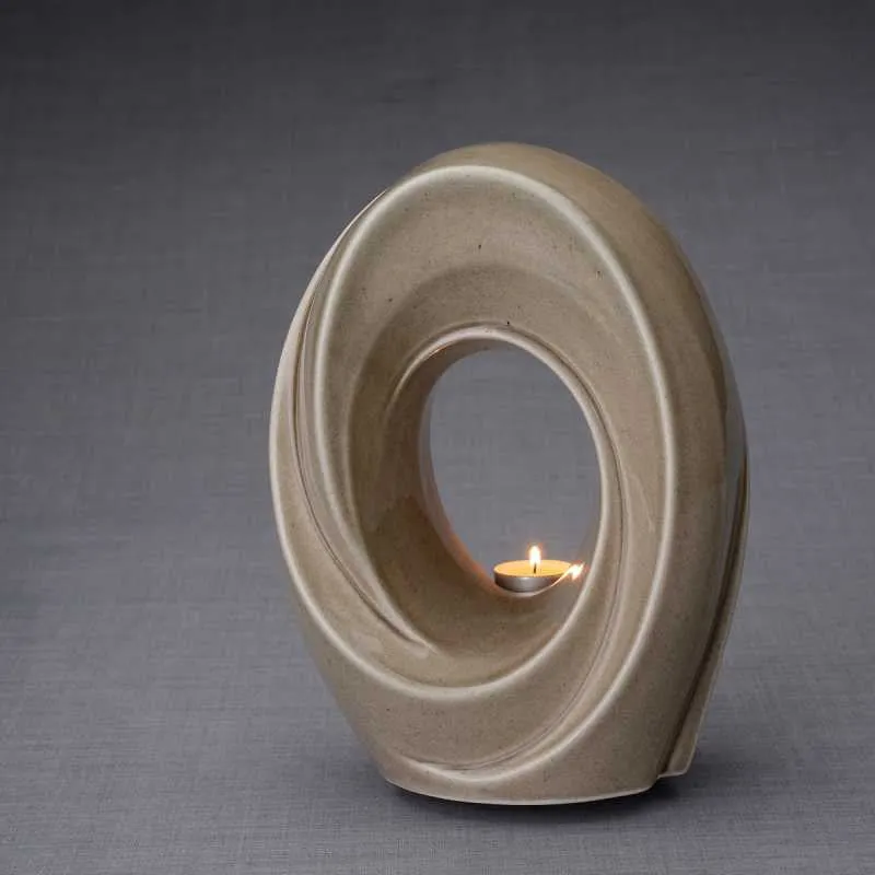 Passage Sculpture Art Memorial Candle Ceramic Cremation Urn in Beige Gray