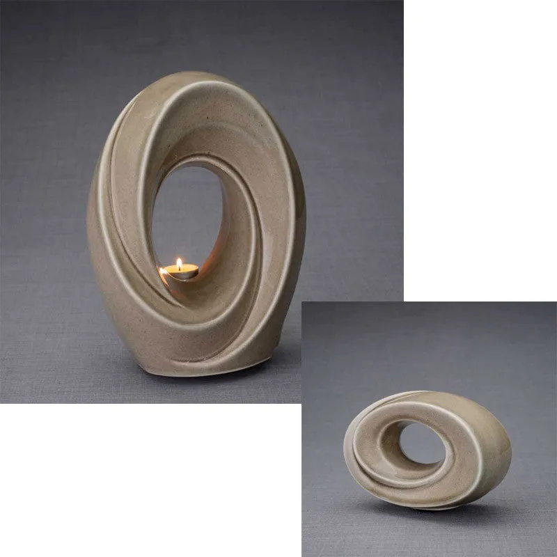 Passage Sculpture Art Memorial Candle Ceramic Cremation Urn in Beige Gray