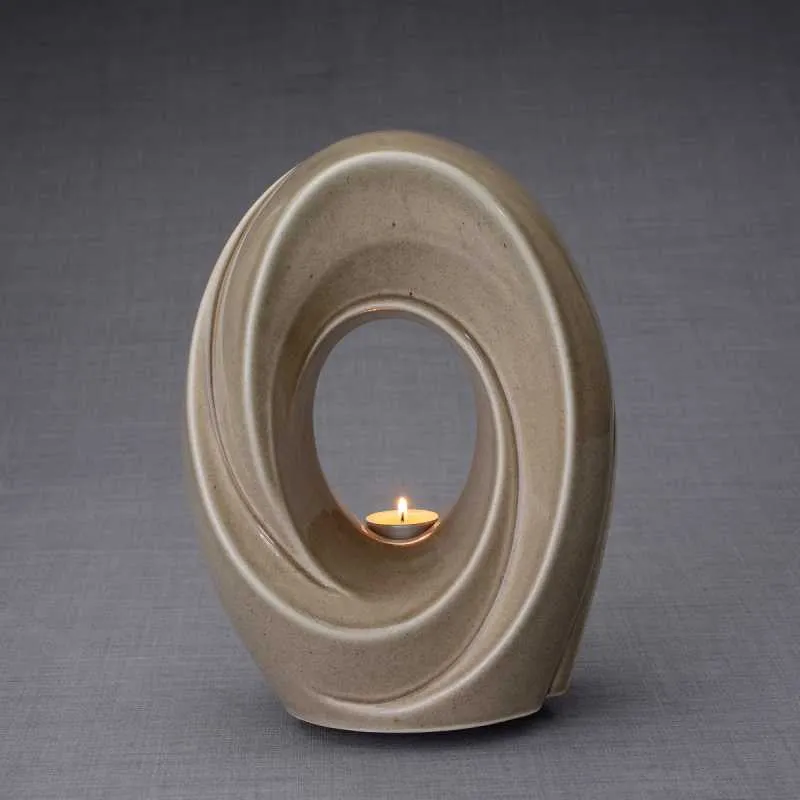 Passage Sculpture Art Memorial Candle Ceramic Cremation Urn in Beige Gray