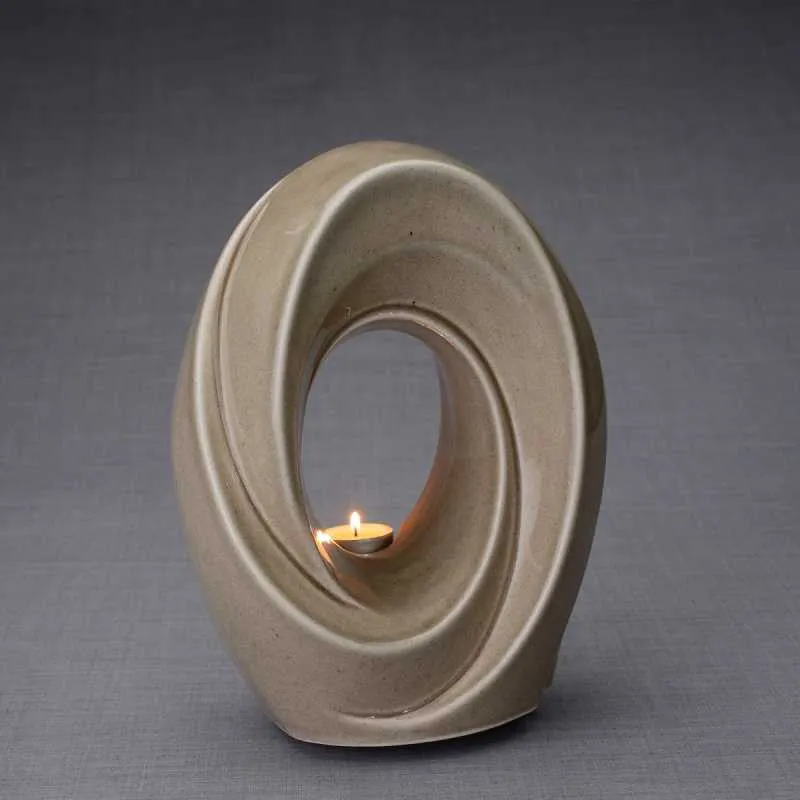 Passage Sculpture Art Memorial Candle Ceramic Cremation Urn in Beige Gray