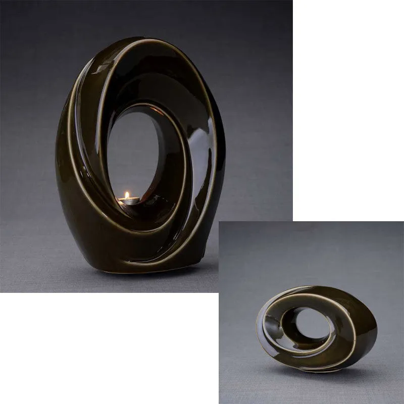 Passage Sculpture Art Memorial Candle Ceramic Cremation Urn in Oiled Green