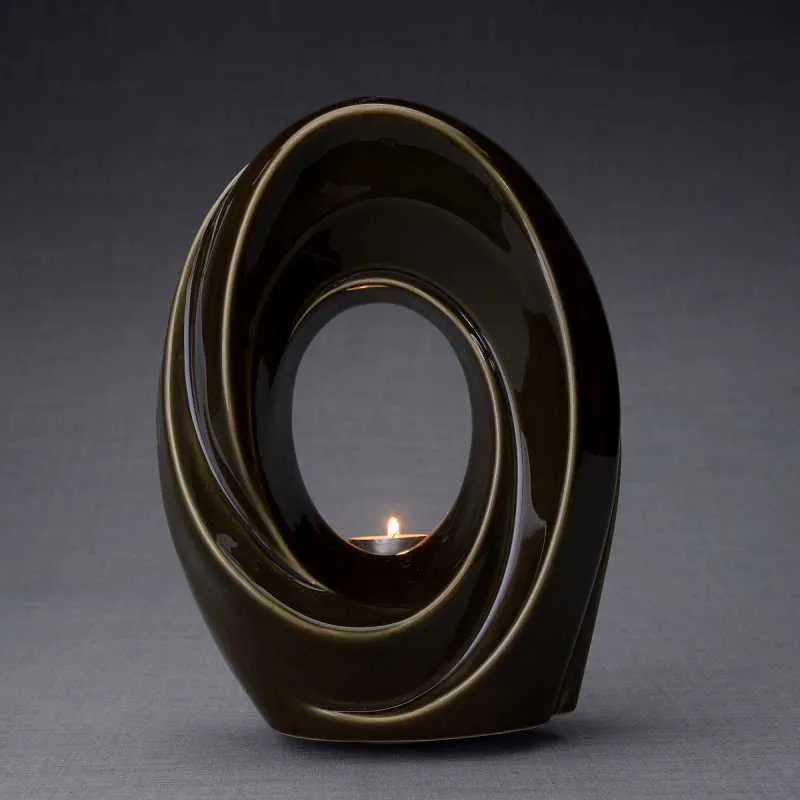 Passage Sculpture Art Memorial Candle Ceramic Cremation Urn in Oiled Green