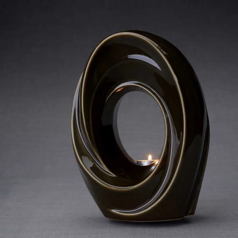 Passage Sculpture Art Memorial Candle Ceramic Cremation Urn in Oiled Green