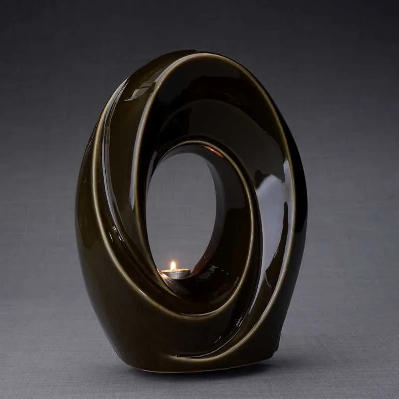Passage Sculpture Art Memorial Candle Ceramic Cremation Urn in Oiled Green