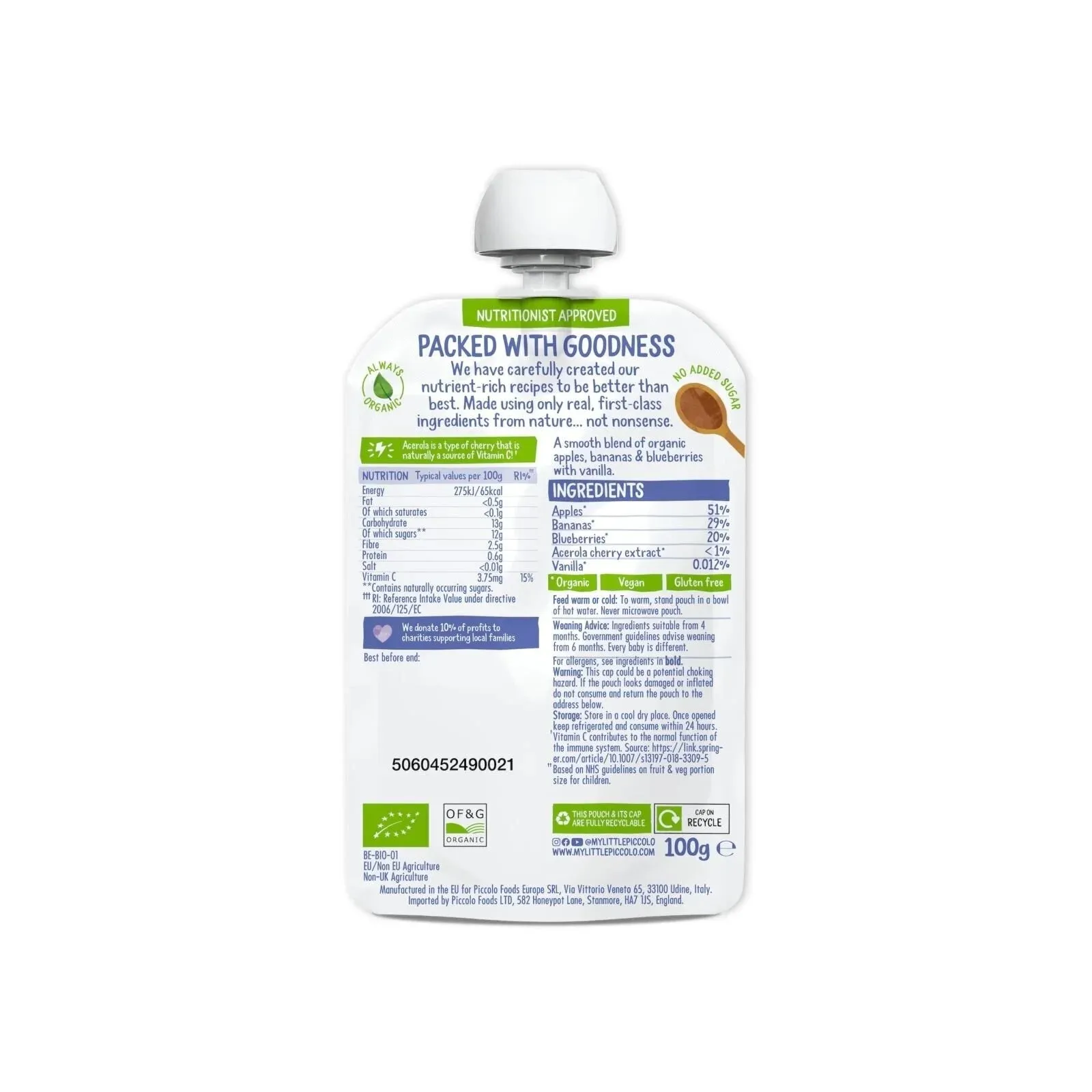 Piccolo Organic Apple Banana & Blueberry 4  months 100g