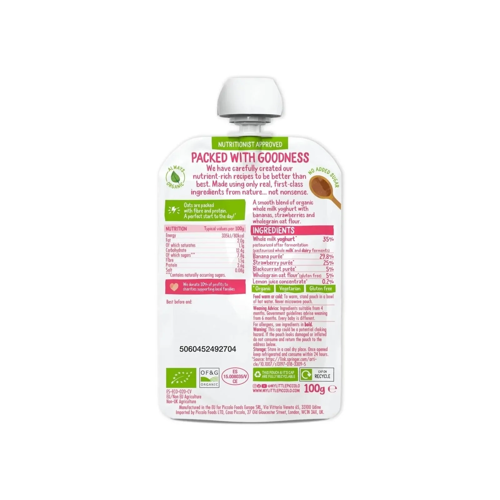 Piccolo Organic Brekkie Strawberry & Banana 6  months 100g
