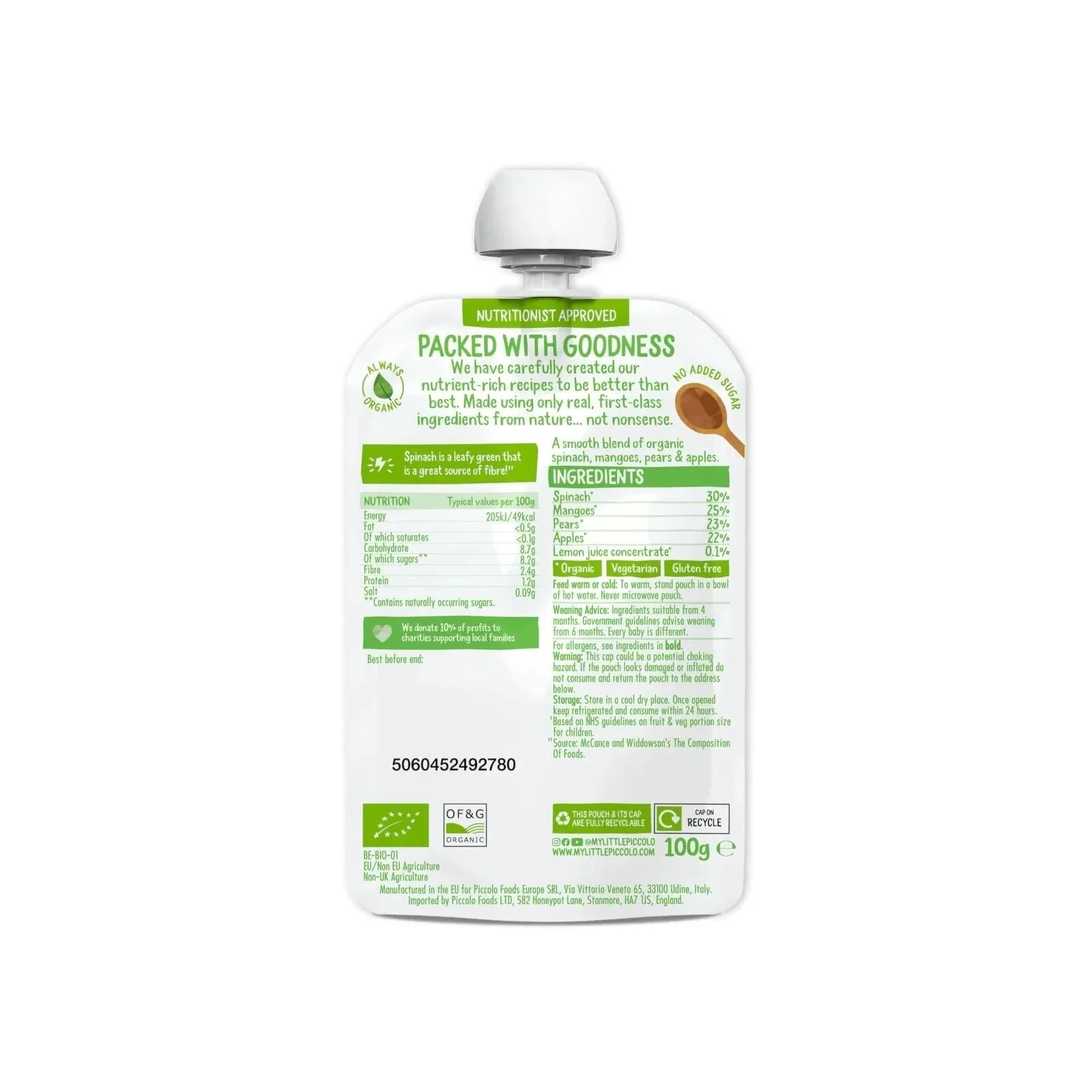 Piccolo Organic Mango Pear & Spinach 6  months 100g