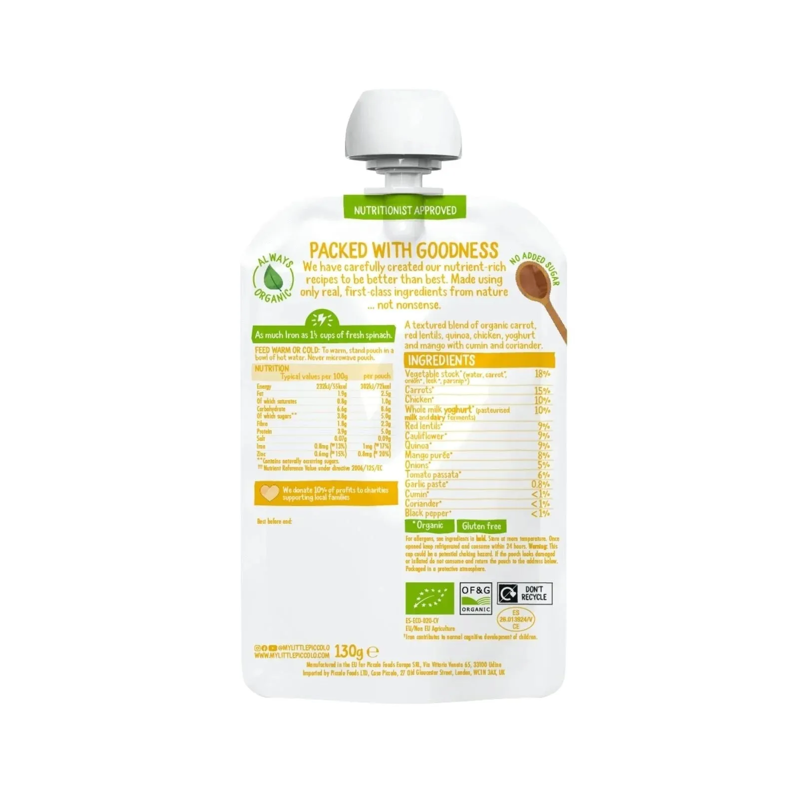 Piccolo Organic Mild Chicken Korma and Red Lentils 7  months 130g