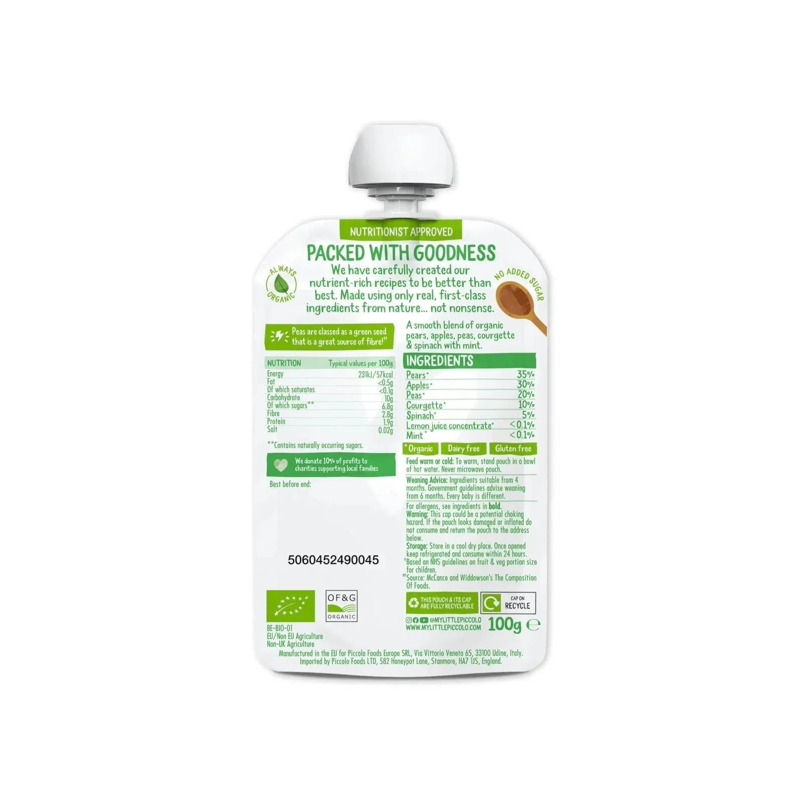 Piccolo Organic Pear Apple & Spring Greens 4  months 100g