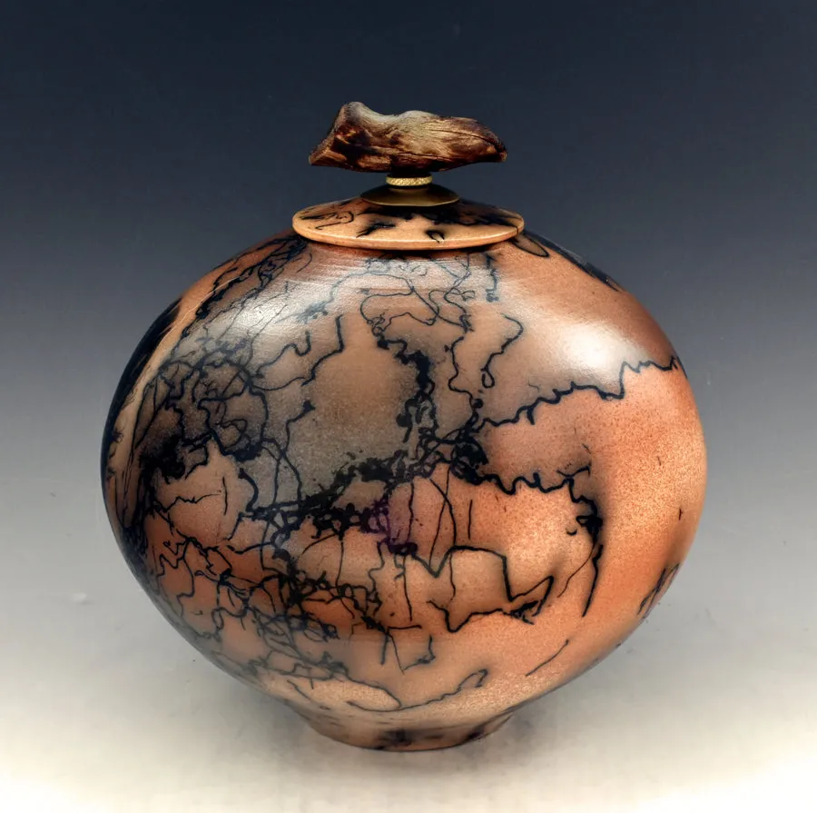 Raku Horsehair and Feather Fired Urn 395