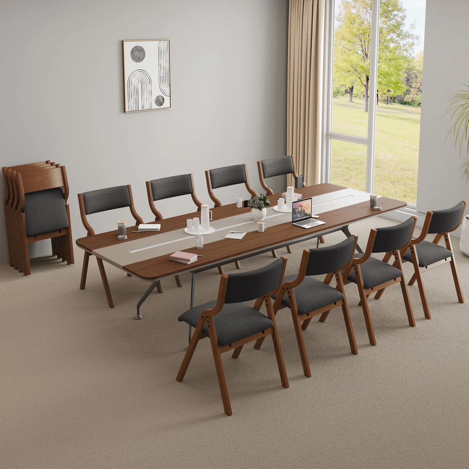 Streamdale Folding Upholstered Dining Chairs 2-Pack - Cream/Grey & Walnut