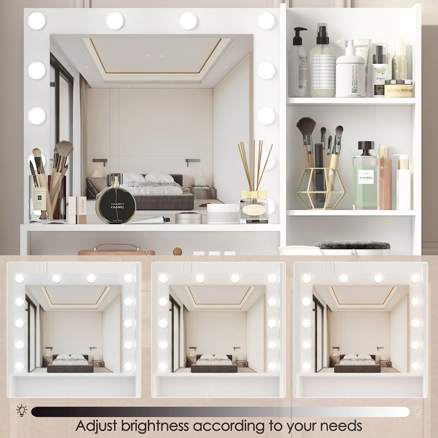 Streamdale White Vanity Desk w/ Mirror & Light, Drawer & Storage