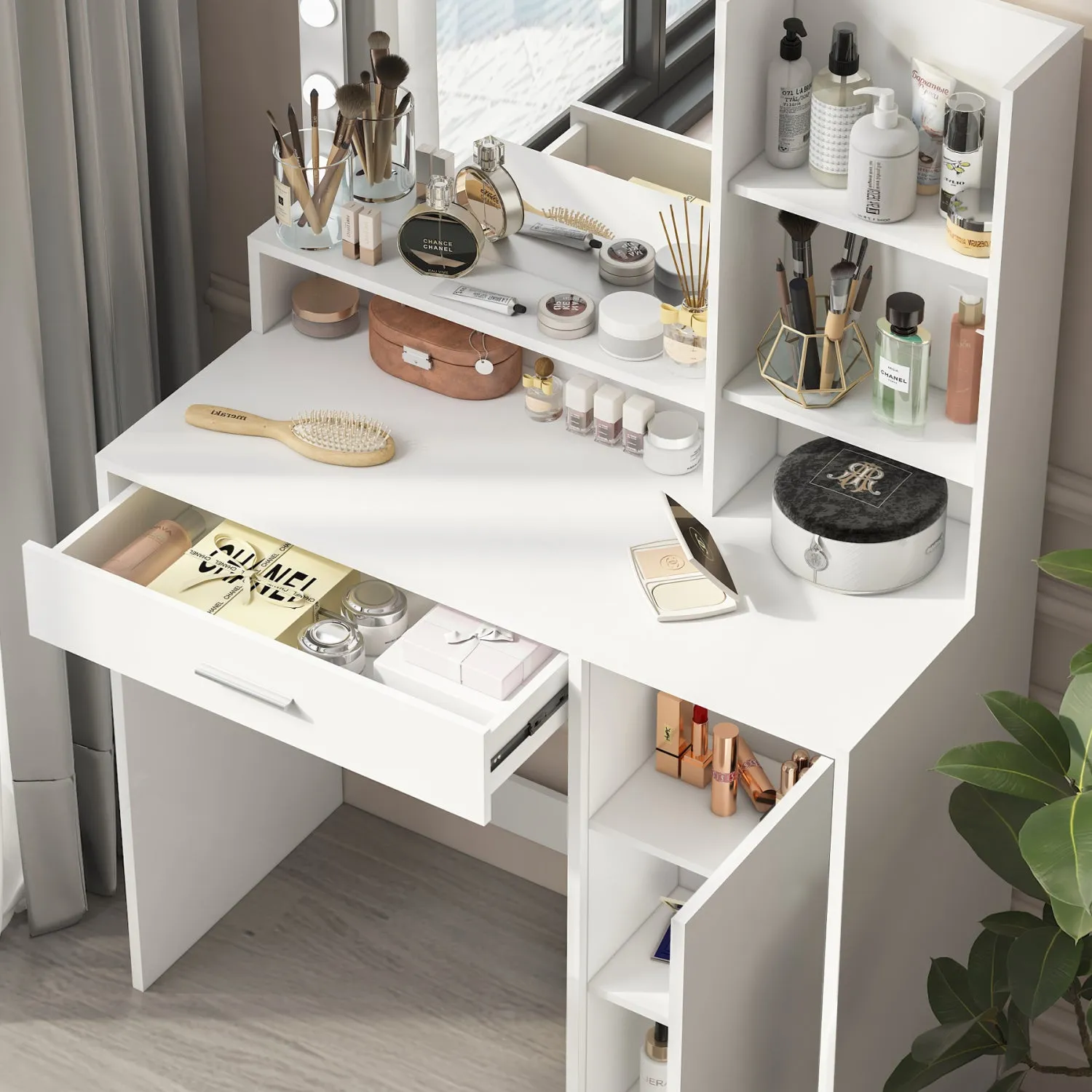 Streamdale White Vanity Desk w/ Mirror & Light, Drawer & Storage