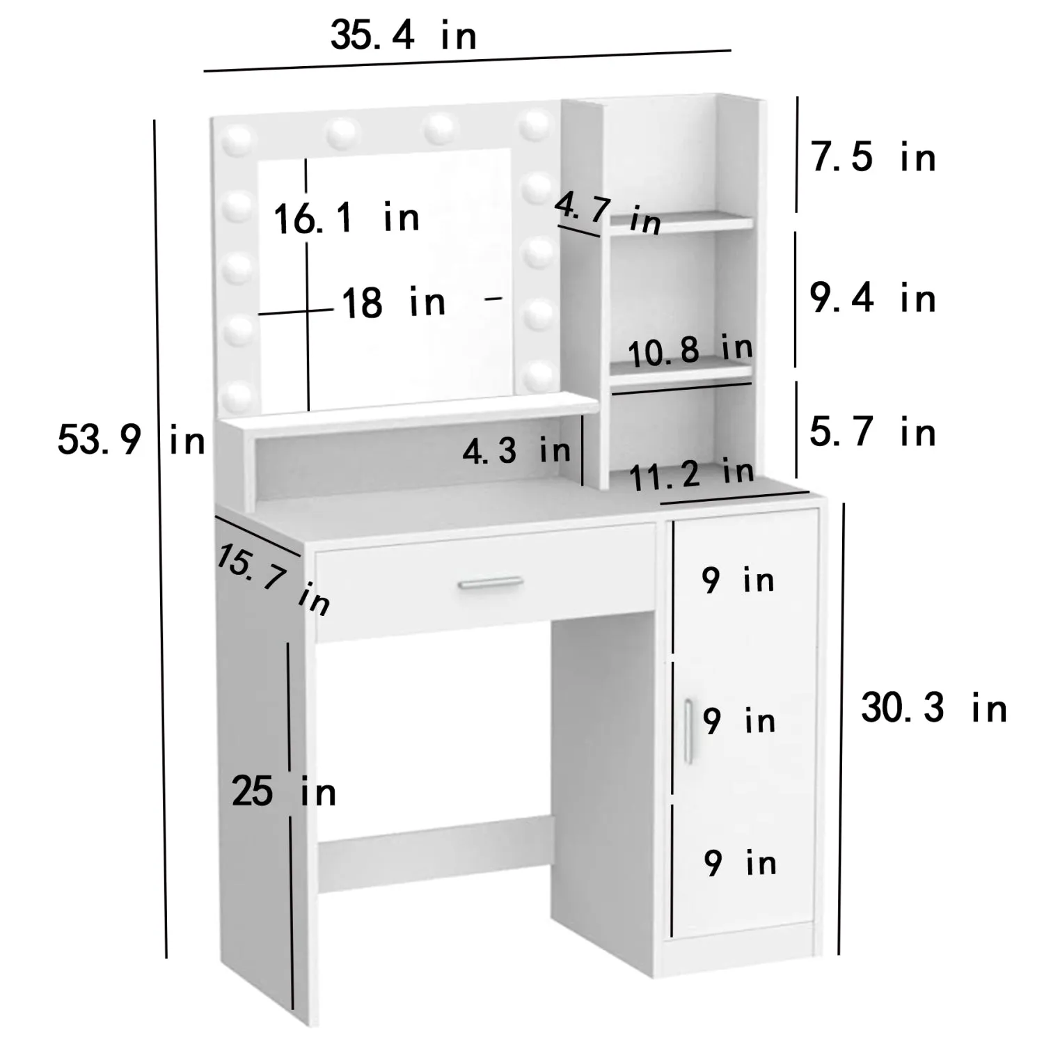 Streamdale White Vanity Desk w/ Mirror & Light, Drawer & Storage