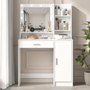 Streamdale White Vanity Desk w/ Mirror & Light, Drawer & Storage