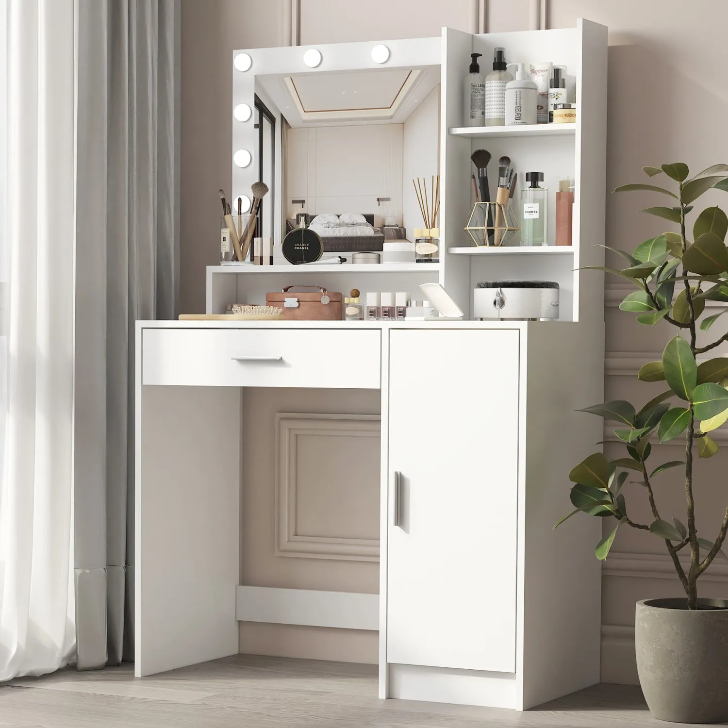 Streamdale White Vanity Desk w/ Mirror & Light, Drawer & Storage