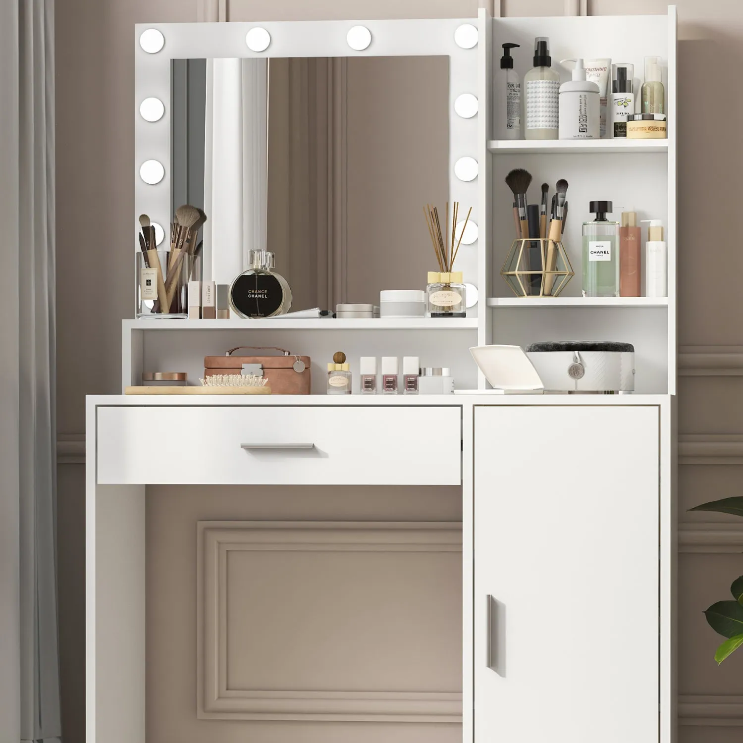 Streamdale White Vanity Desk w/ Mirror & Light, Drawer & Storage
