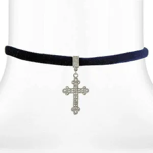 Symbols Of Faith Filigree Cross Pendant Necklace On Black Velvet Ribbon 12"   5" Extender