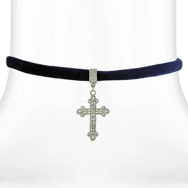 Symbols Of Faith Filigree Cross Pendant Necklace On Black Velvet Ribbon 12"   5" Extender
