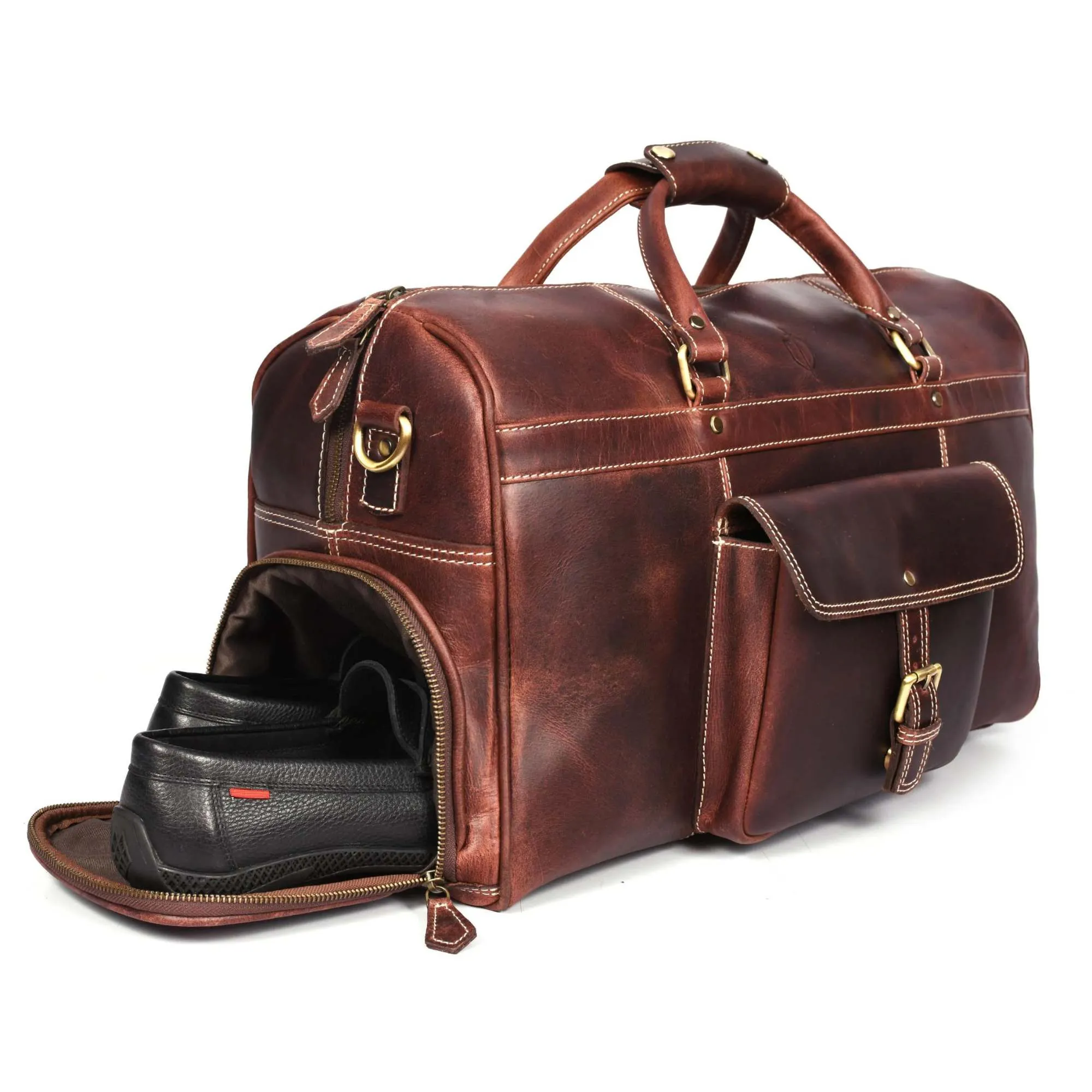 The Voyager Duffle - Brown Full-Grain Distressed Leather Duffle Bag