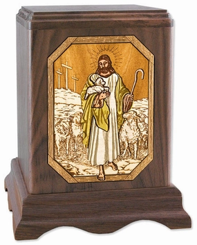 The Lord is My Shepherd Cremation Urn with Wood Art Inlay
