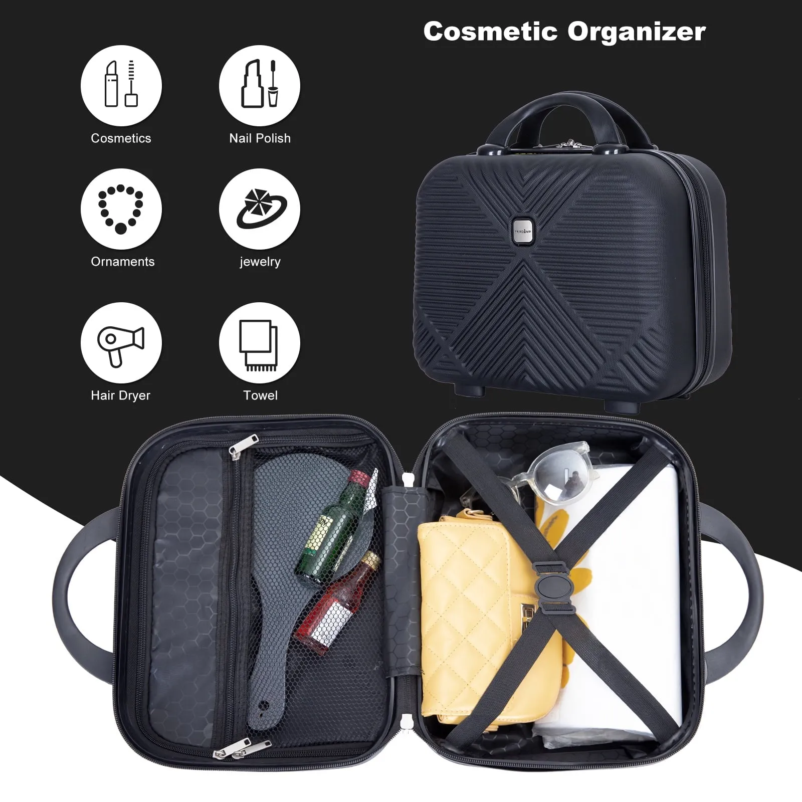 Tripcomp 2302-2Black 2 Pcs Hardside Suitcase with Spinner Wheels Lightweight Carry On Luggage, Black, 14"/20"