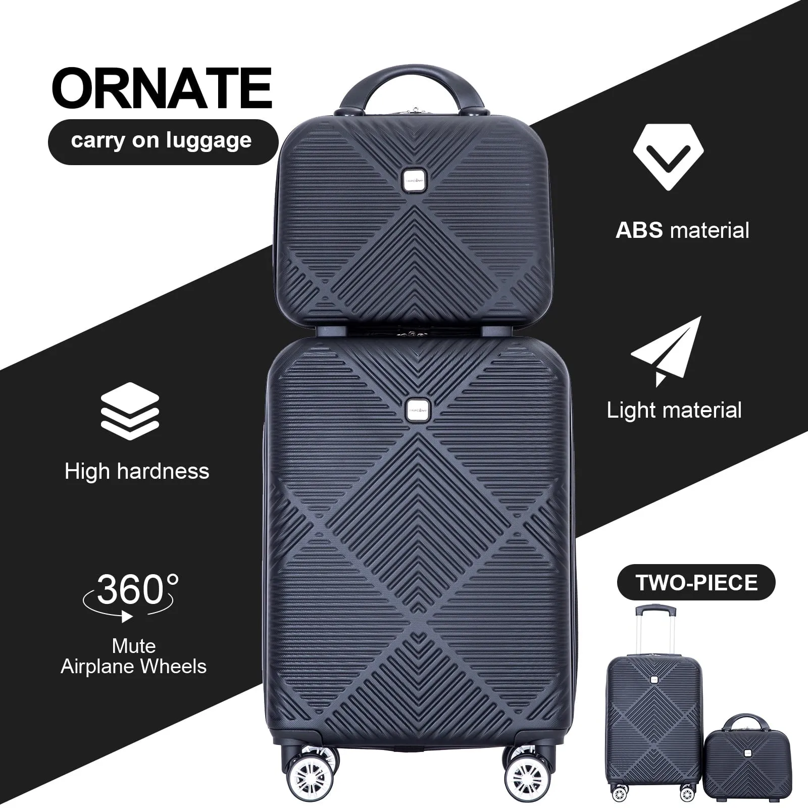 Tripcomp 2302-2Black 2 Pcs Hardside Suitcase with Spinner Wheels Lightweight Carry On Luggage, Black, 14"/20"