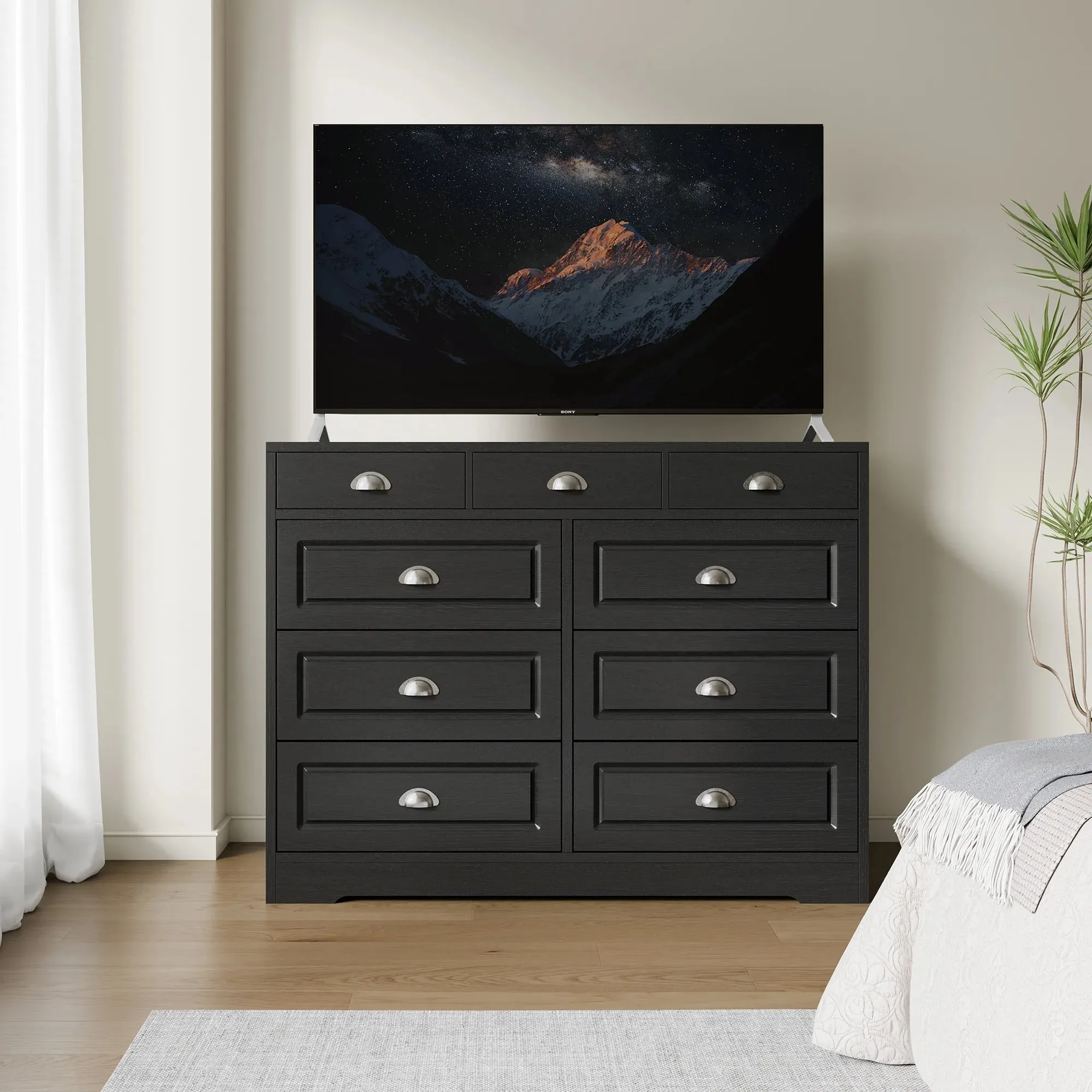 Walsunny SHX12092-BK 9 Drawer Double Black Wooden Wide Chest of Drawers with Metal Handles