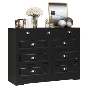 Walsunny SHX12092-BK 9 Drawer Double Black Wooden Wide Chest of Drawers with Metal Handles