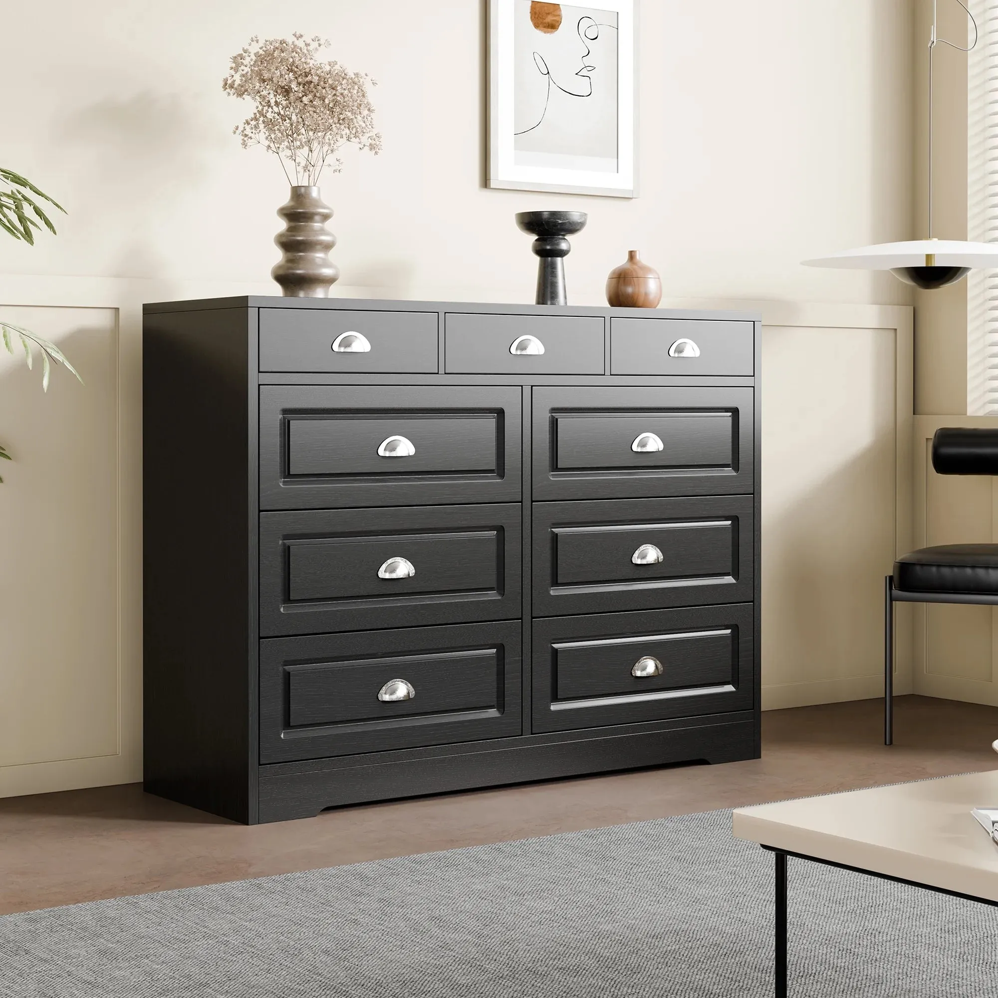Walsunny SHX12092-BK 9 Drawer Double Black Wooden Wide Chest of Drawers with Metal Handles