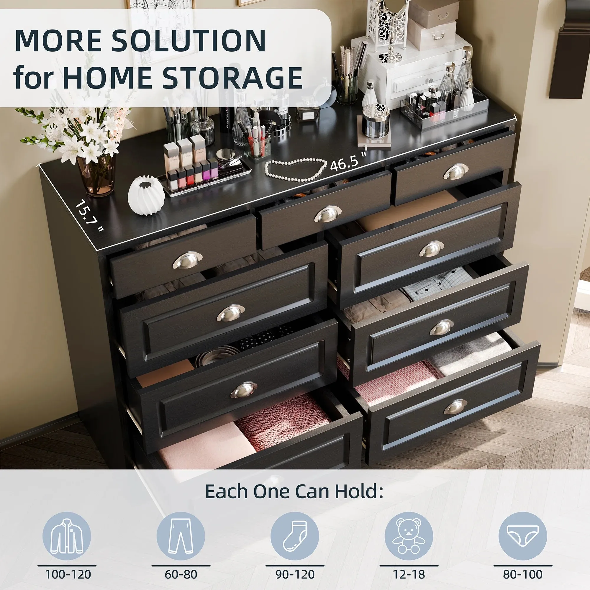 Walsunny SHX12092-BK 9 Drawer Double Black Wooden Wide Chest of Drawers with Metal Handles