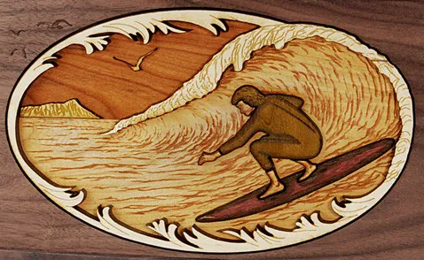 Wood Companion Urn with 3 Dimensional Inlay Art Scene