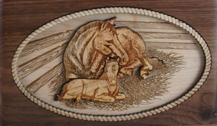 Wood Companion Urn with 3 Dimensional Inlay Art Scene