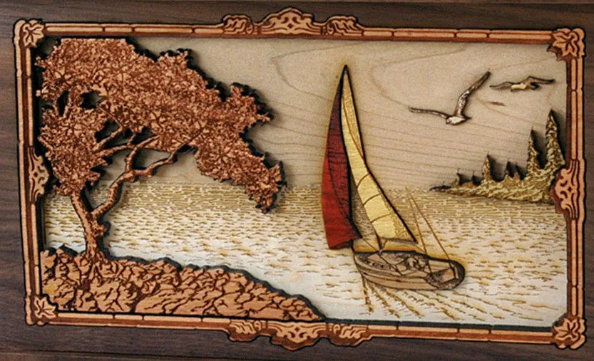 Wood Companion Urn with 3 Dimensional Inlay Art Scene