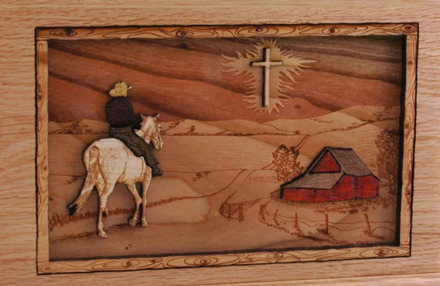Wood Companion Urn with 3 Dimensional Inlay Art Scene