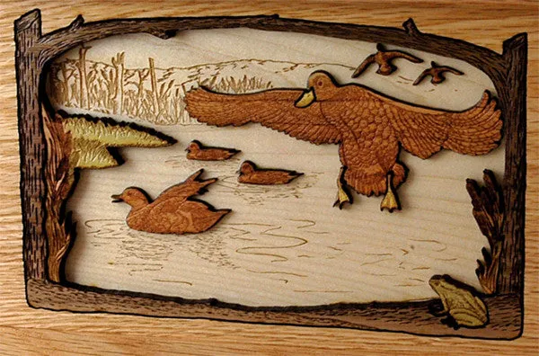 Wood Companion Urn with 3 Dimensional Inlay Art Scene